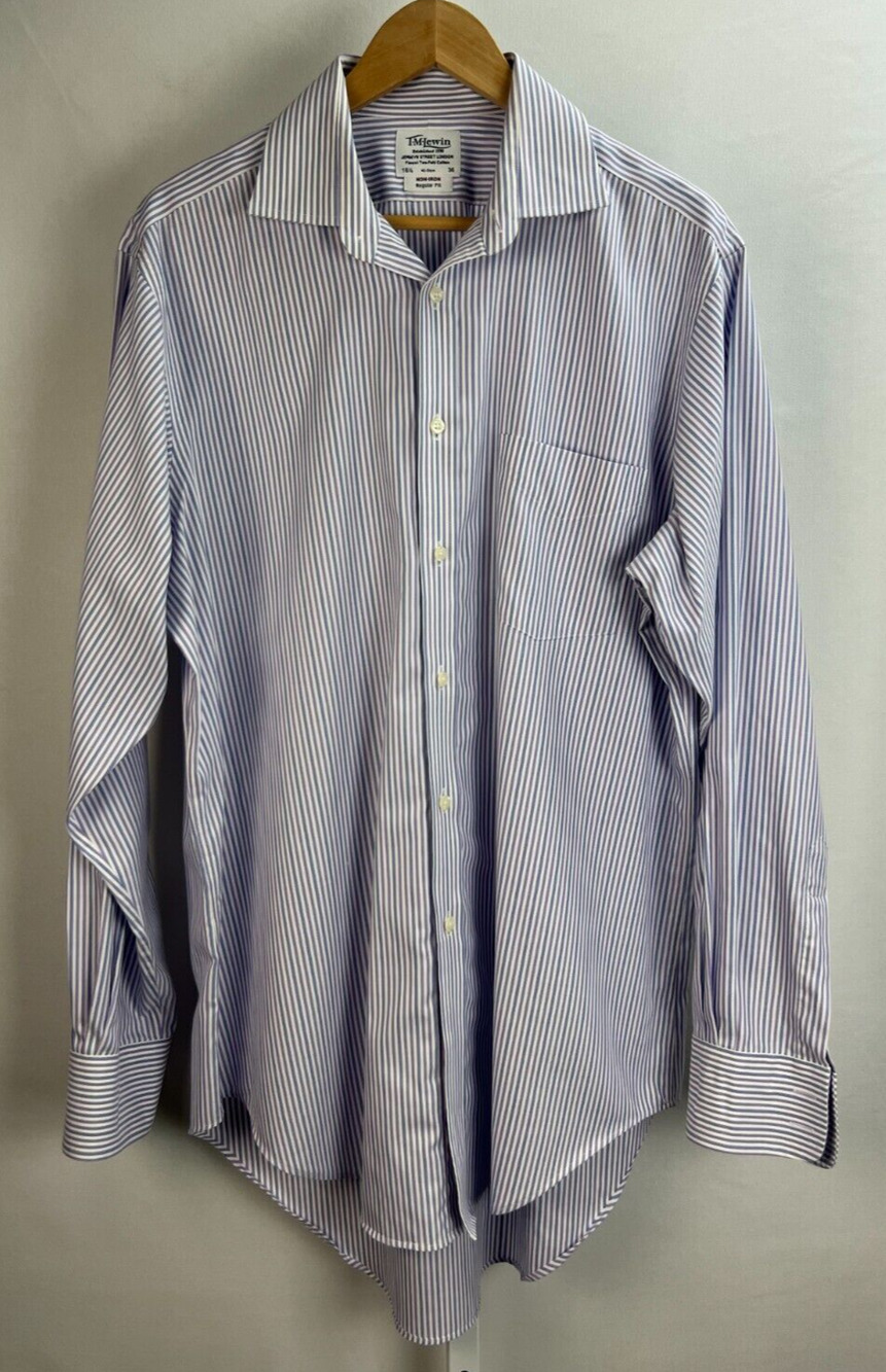 T.M. LEWIN Men's Blue/White Striped Cotton Button Down Slim Fit Shirt SZ 16.5/36